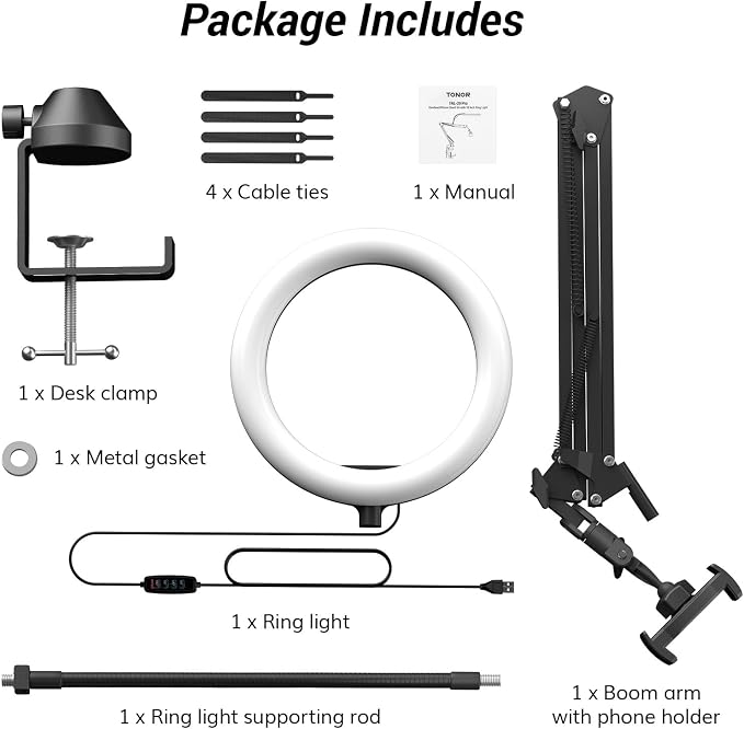 TONOR Overhead Ring Light Kit, 10" Ringlight with Heayy Duty Boom Arm and Phone Holder, Adjustable Angle, Suitable for Video Recording, Live Stream, Drawing, Makeup Nail - Image 9