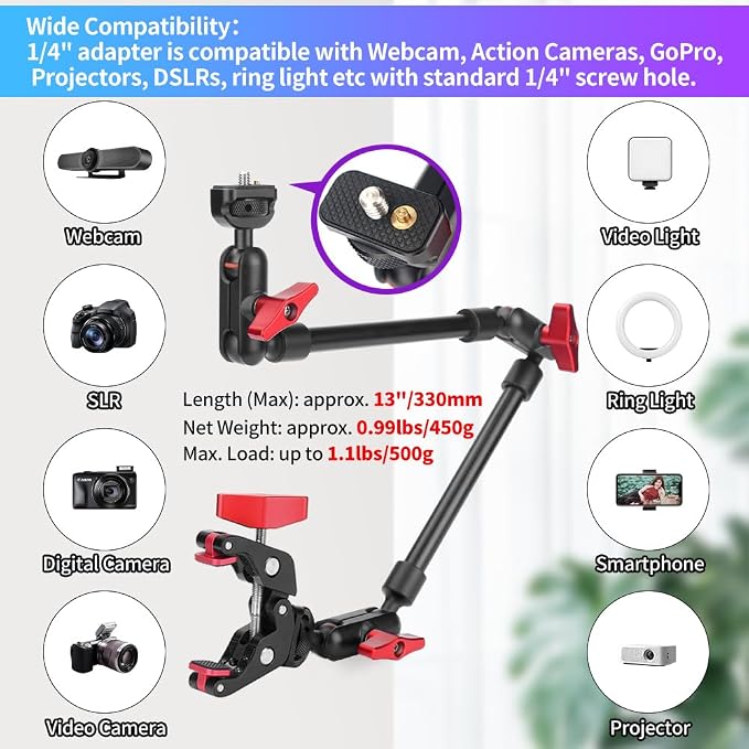 22" Articulating Magic Arm Camera Mount, Desk Clamp Overhead Mount | Anti-deflection lock, anti-slip pads, 0.55lb load, 1/4 3/8 5/8 adapters, aluminum, POV, light, phone, webcam, mic, vlogging - Image 3