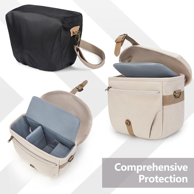 BAGSMART Canvas Crossbody Camera Bag with Rain Cover Women Men, Ivory White | SLR DSLR Camera Case, Compact Camera Shoulder Bag - Image 3