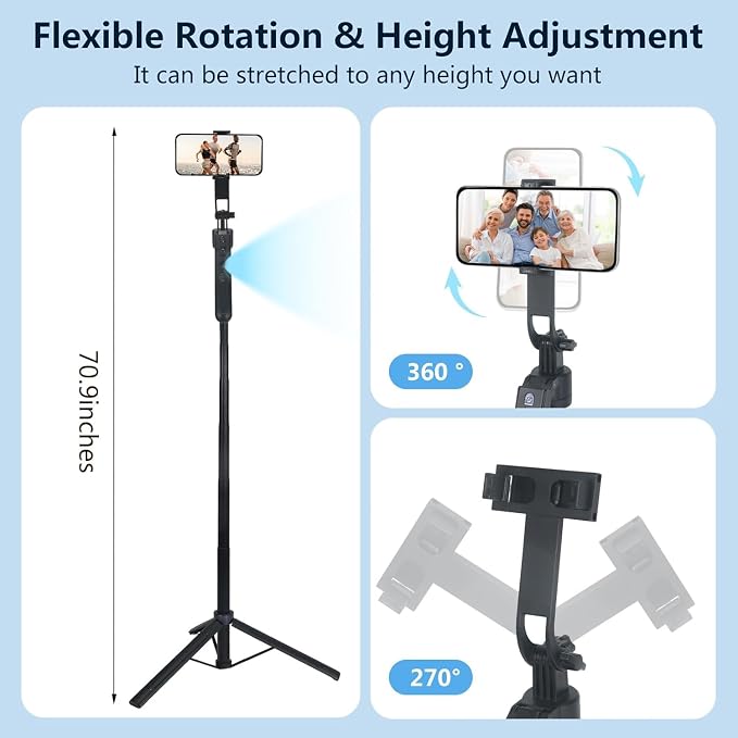 Auto Face Tracking Tripod for iPhone & Android with 2 LED Fill Lights | 360° Rotating Phone Tripod, 70.9″ Selfie Stick for Video Recording, Live Streaming - Image 4