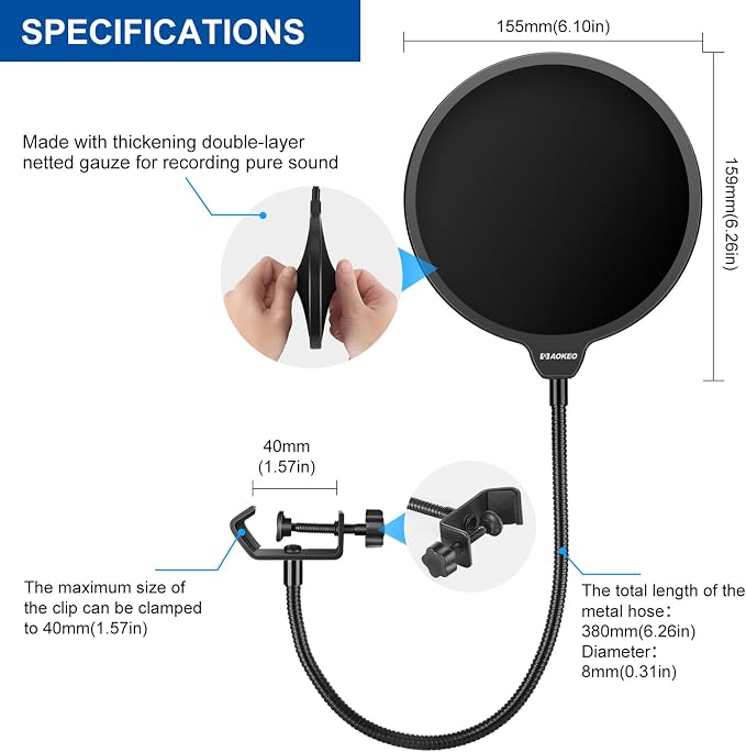 Professional Microphone Pop Filter Mask Shield For Blue Yeti and Any Other Microphone,Mic Dual Layered Wind Pop Screen With Flexible 360° Gooseneck Clip Stabilizing Arm - Image 6