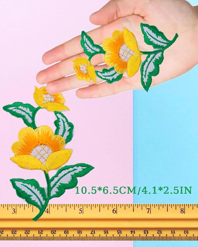 5 Pairs Floral Iron on Applique Flower with Green Vine Embroidered Patch for Collar Dress Accent Shoes Jeans Sewing Accessories Embellishment (Yellow) - Image 2
