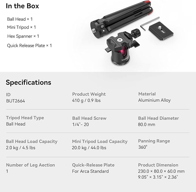 SmallRig Mini Tripod for Camera, Updated Desktop Tabletop Tripod with Arca-Type Compatible QR Plate, 360° Ball Head and 1/4 Screws Portable for Compact Cameras DSLRs, Phone, Gopro - BUT2664 - Image 6