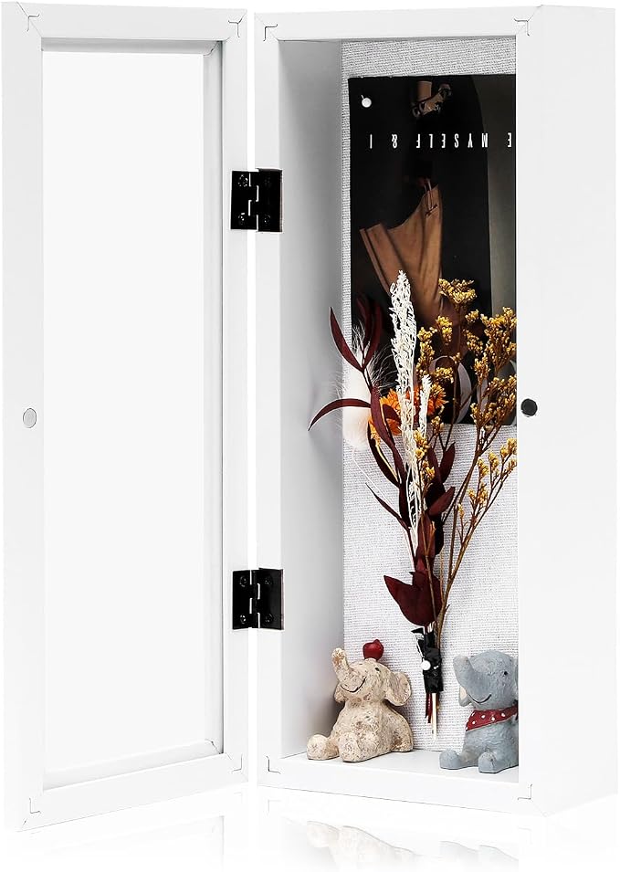 Muzilife 12.5x5 Shadow Box Wood Picture Frame, 2.16 Deep, Real Glass, White | FSC-Wood, Magnetic Door, Linen Interior & Pins, Vertical, Horizontal Wall Hanging, Display Case Frame for Photos & Keepsakes by Muzilife