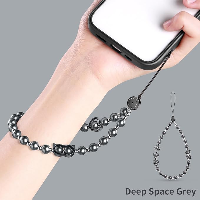 Phone Charm Beaded Strap Cute Cell Phone Wrist Straps String Accessories Hand Aesthetic Lanyard Wristlet Chain for iPhone 17 Pro Camera Case AirPods Bags Keychains Women Girls Gray Pearl - Image 8