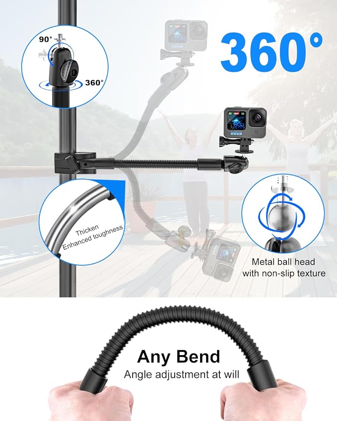 Gooseneck Clamp Camera Mount, Flexible Gopro Clamp Mount Kit | with 1/4“ 3/8" 5/8" Screw, for Handlebar, Desk, Tube, Cross Bar, for GoPro Hero 13, Insta 360, Action Camera, Logitech Webcam - Image 5