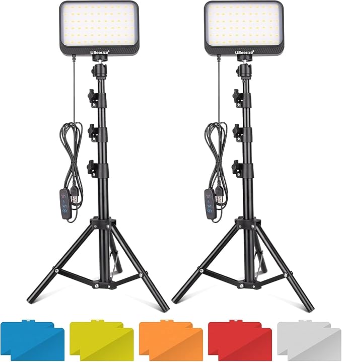 UBeesize LED Video Light Kit, 2Pcs Dimmable Continuous Portable Photography Lighting with Adjustable Tripod Stand & 5 Color Filters for Tabletop/Low-Angle Shooting, for Zoom, Game Streaming, YouTube by UBeesize