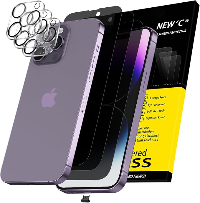 NEW'C 3x Privacy for iPhone 14 Pro Screen Protector (6.1 inches)+ 3x Camera Lens Protector, Sensor Protection,Case Friendly Tempered Glass Film + Dust Plug - Enhanced Privacy Angle of 28 Degrees by NEWC