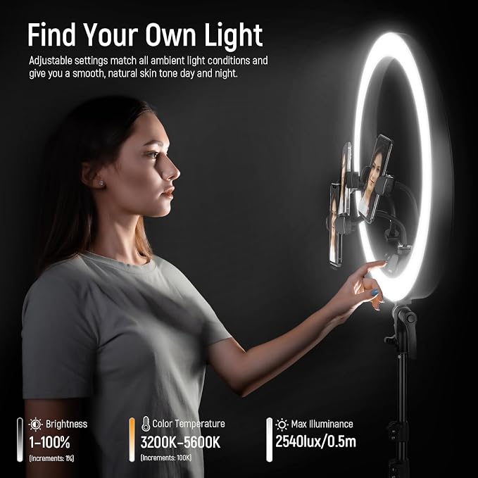 NEEWER Ring Light RP19H 19 Inch with Tripod Stand 3 Phone Holders | Upgraded 2.4G Touch Control, Ringlight for iPhone Video Recording, Streaming, Home Office, Zoom, Selfie, Makeup Lighting - Image 2
