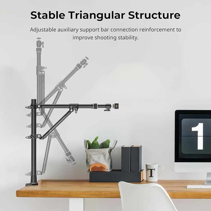 SMALLRIG Triangle Camera Desk Mount, Overhead Desk Clamp Phone Mount | with Auxiliary Support Rod, with Phone Holder & Ball Head for Camera/Phone/Light/Webcam, Max Load 6.6lbs - Image 3
