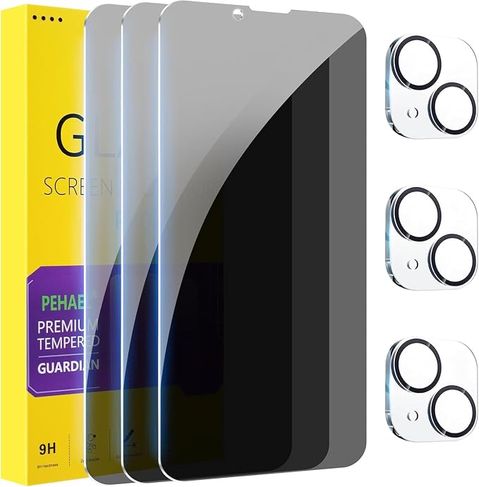PEHAEL for iPhone 13 Privacy Screen Protector+Camera Lens Protector | 3+3 Pack, Installation kits, Anti-Spy Private, Anti-Scratch, 9H Tempered Glass, Case Friendly, [6.1 inch] by PEHAEL
