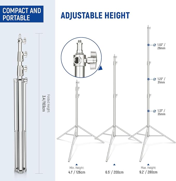 NEEWER 2Pcs 9.2ft Stainless Steel Light Stands, Spring Cushioned Heavy Duty Photography Tripod Stand with 1/4"-3/8" Adapter for Strobe Video Ring Light Monolight Softbox, 22lb Max Load, ST-280SS - Image 2