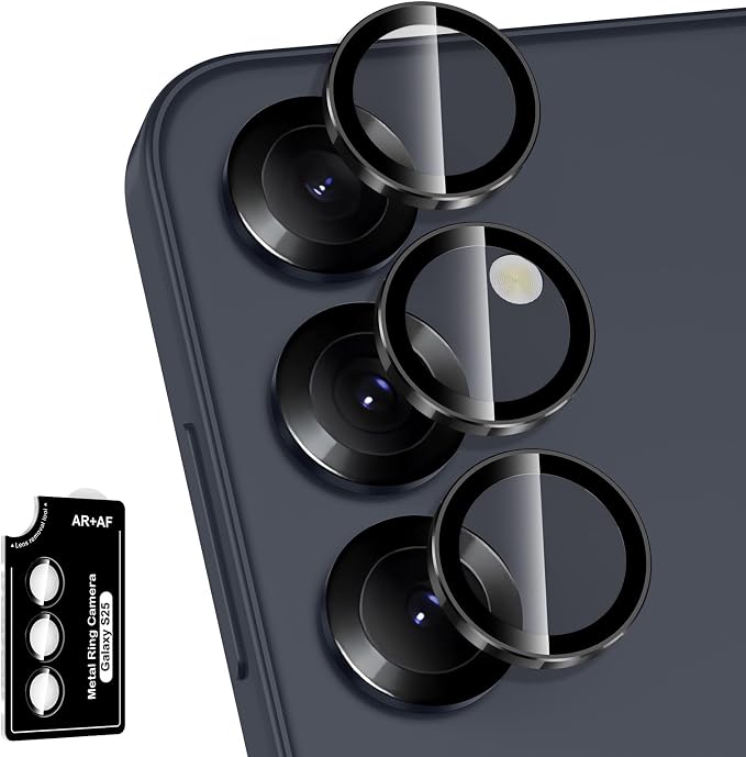 for Samsung Galaxy S25 Camera Lens Protector, Individual Metal Ring Tempered Glass Lens Cover, [Strong Adsorption] Scratch Resistant Ultra-Thin HD Clear Lens Cover, 1 Set-Black Ring by Btscase