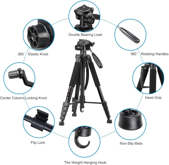 74’’ Camera Tripod,Heavy Duty Camera Stand Tripod,Cell Phone Tripod with Phone Holder, Professional Travel DSLR Tripods Compatible with DSLR Cameras,Cell Phones,Projector,Webcam(Black) - Image 2