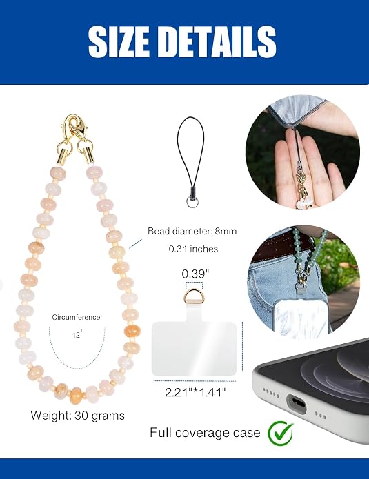 CH.yishi Crystal Beaded Phone Charm Wrist Strap Camera Lanyard | Handmade Cell Phone Chain,with Tether Tab,Keychain Bag Wallet Natural Stone Charm,Headphone Gemstone Decor,Camera Wrist Strap - Image 5