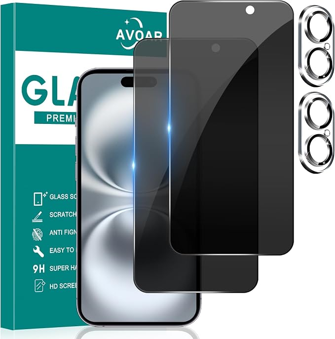 2+2 Pack Privacy Screen Protector for iPhone 16 Plus, 6.7 Inch | With Camera Lens Protector, Tempered Full Screen Glass, Anti-Spy, Bubble Free, Case Friendly by AVOAR