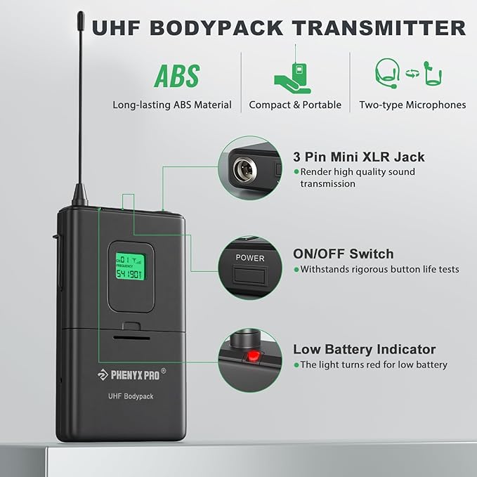 Phenyx Pro 4-Ch UHF Fixed Frequency Wireless Microphone PTU-5000-2H2B | 2 Handheld Mics, 2 Bodypacks, Headset/Lapel Mics, Metal Build, 260 ft Range, Church Services, DJ Sets - Image 5
