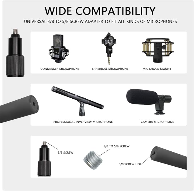 Handheld Boom Pole for Shotgun Mic, 3-Section Extendable Microphone Arm | Filming with 3/8" and 5/8" Threads, 3ft to 8.3ft Adjustable Length, Portable - Image 3