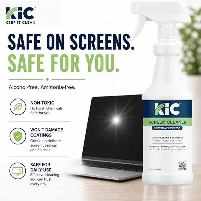 KIC CrystalVu Screen Cleaner Spray Kit (32oz) with 2 Microfiber Cloths | Streak-Free Cleaner, For TV, Phone, Laptop, Monitor & Tablet Screens, NSF Certified Safe Formula - K2-KCVZ1 - Image 2
