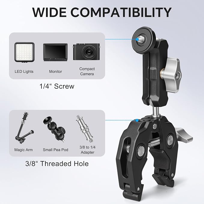 Super Clamp Camera Clamp Mount Monitor 360°Ballhead Magic Arm Double Ball Head Adapter with 1/4"-20 & 3/8"-16 Thread for Canon Nikon DSLR Camera/Gopro/LED Light Ronin-M/Ronin MX/FreeflyMOVI - Image 3