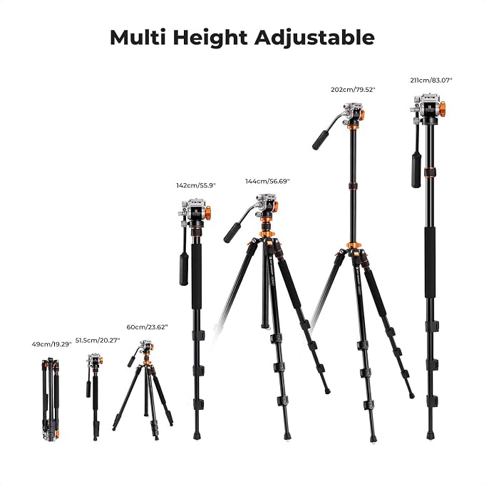 K&F CONCEPT 83" Camera Video Tripod for DSLR | Compact Aluminum, 360° Panorama Fluid Head, Travel, Video, Live Streaming, Vlogging, Payload 11lb, O234A7+FH-03 - Image 7