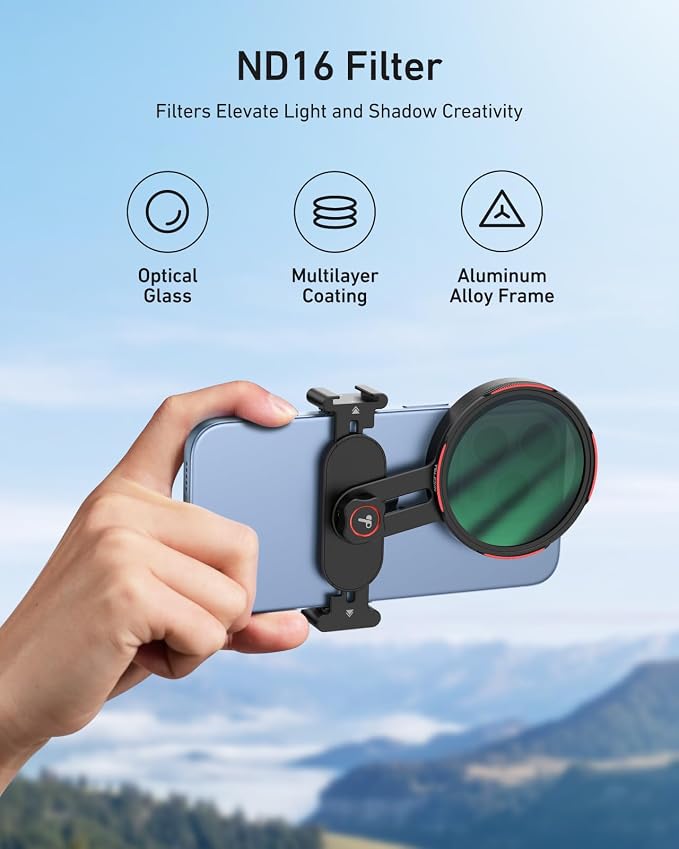 TELESIN 67mm ND16 Filter, DSLR Camera Lens, Multi-Layer Nano-Coated Glass, AR&AF Coating, Long Exposure & Motion Blur, Water & Fingerprint Protection, for Smartphone Mounts - Image 2