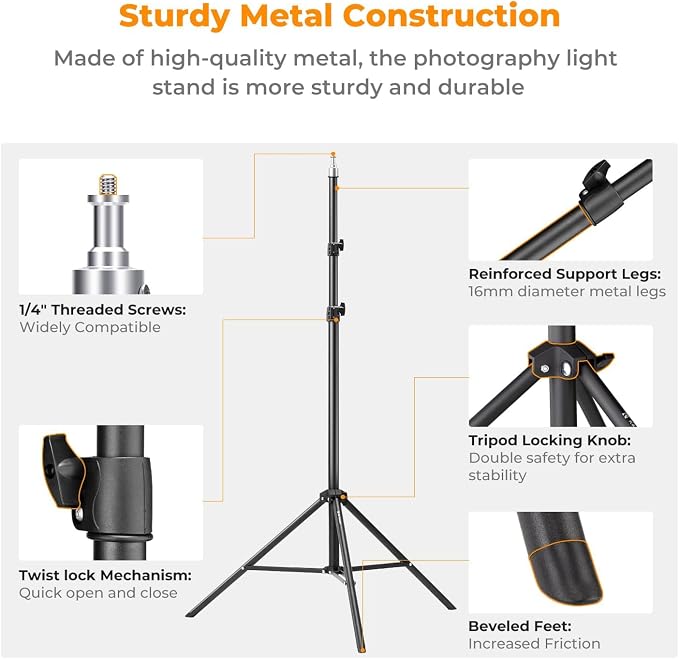 K&F CONCEPT Light Stand for Photography, 6.5ft/2M Extendable Tripod | Lighting Tripod with 1/4" Screw for Lighting/Strobe Light/Webcams/Cameras/Softbox, with Storage Bag, TL01 - Image 3