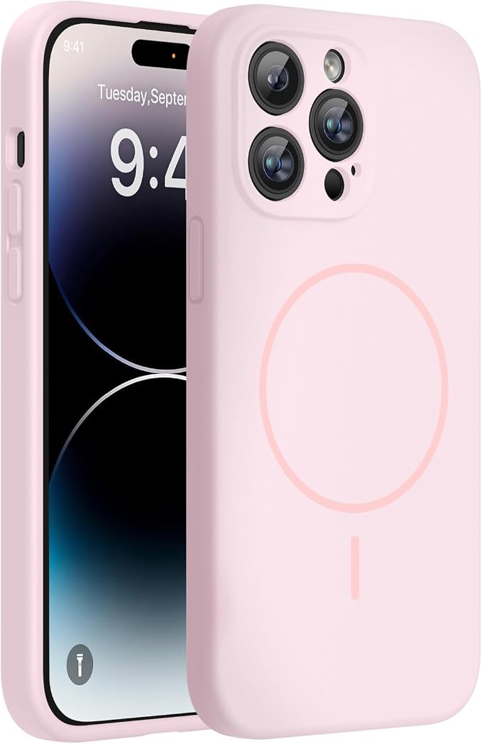 miracase Magnetic for iPhone 14 Pro Max Case, [Soft Anti-Scratch Microfiber Lining], Compatible with MagSafe, Silicone Shockproof Protection Phone Case for iPhone 14 Pro Max,Sand Pink by Miracase