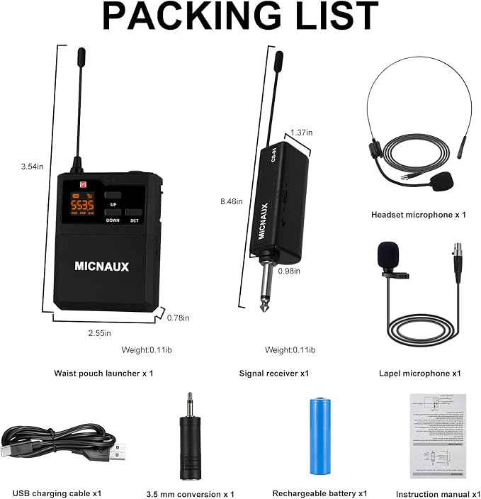 Wireless Lapel Microphone System with Headset & Lavalier Mics, UHF Bodypack Transmitters, Mini Rechargeable Receiver, 48 Channels in 500MHz, 260ft Range, Plug & Play for Wedding Speech Church - Image 9