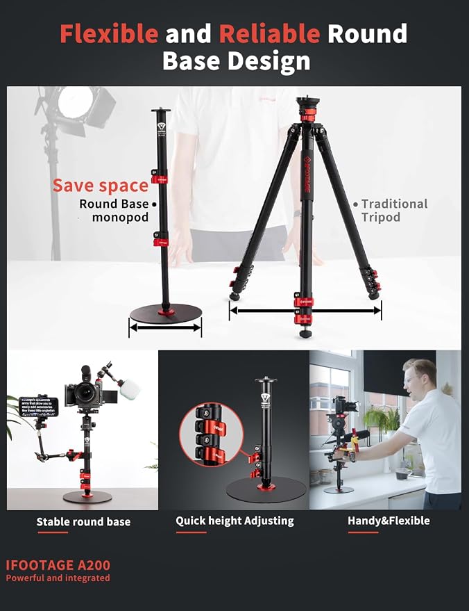 IFOOTAGE RB-A200 Round Base Monopod 22" Aluminum Tripod Stand | Tabletop Tripod Stand for Desk Compatible with DSLR Camera Light Webcam for Live Streaming Vlogging, Payload 10KG/22LBS - Image 3