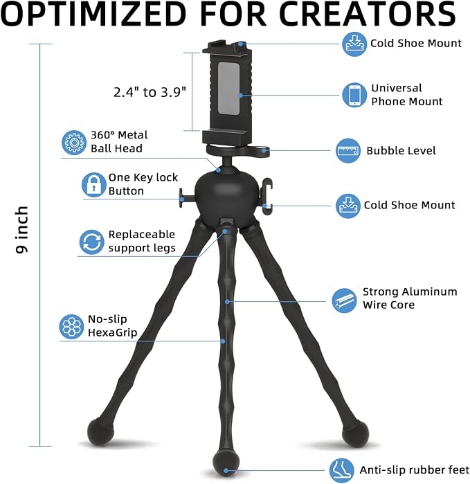 Flexible Action Camera Tripod for Gopro, Octopus Vlogging Tripod with Detachable Legs, 360° Ball Head, Cold Shoe & Remote, Portable Camera Stand Mount for GoPro, DJI, Compact Camera - Black - Image 7