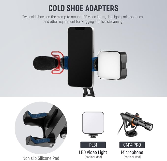 NEEWER Phone Tripod Mount with Cold Shoes, Metal Smartphone Tripod Adapter Compatible with iPhone, Multi Angle Tri Fold Cell Phone Holder, Handheld Phone Grip for Streaming Vlog SP-04 - Image 6