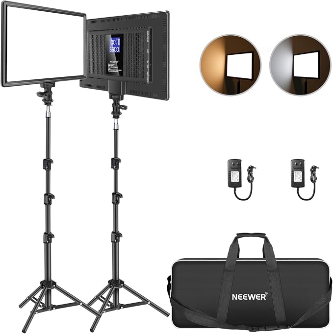 NEEWER 13" LED Video Light Panel Kit, 2 Pack Bi Color Dimmable with Tripod Stand, 4000mAh Battery, 3200K-5600K CRI97+, USB, for Studio/Streaming/YouTube, Black, NL-192AI by Neewer