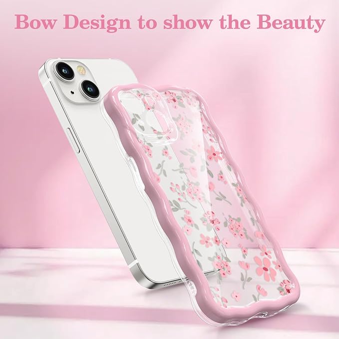 QLTYPRI for iPhone 13 Pink Flower Case, Clear Cute Pink Floral Flower Phone Case Curly Wavy Aesthetic Phone Cover, Soft Slim Transparent TPU Shockproof Protective Cover for Women Girls - Pink - Image 2