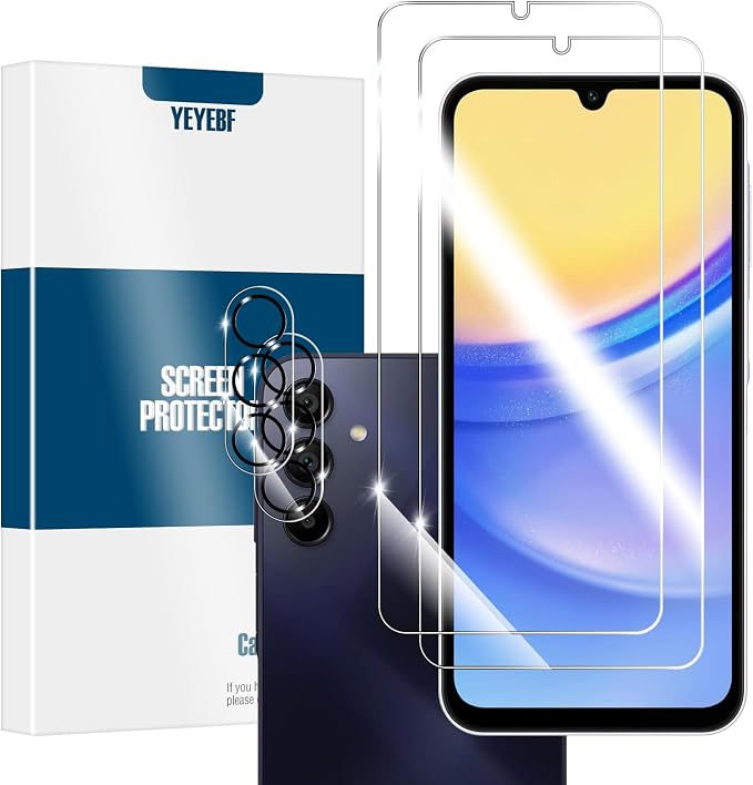 Galaxy A15 HD Clear Tempered Glass Screen Protector + Camera Lens Protectors, [2+2 Pack] [3D Glass] [Anti-Glare] [Bubble-Free] Screen Protector Glass For Samsung Galaxy A15 5G/4G by YEYEBF