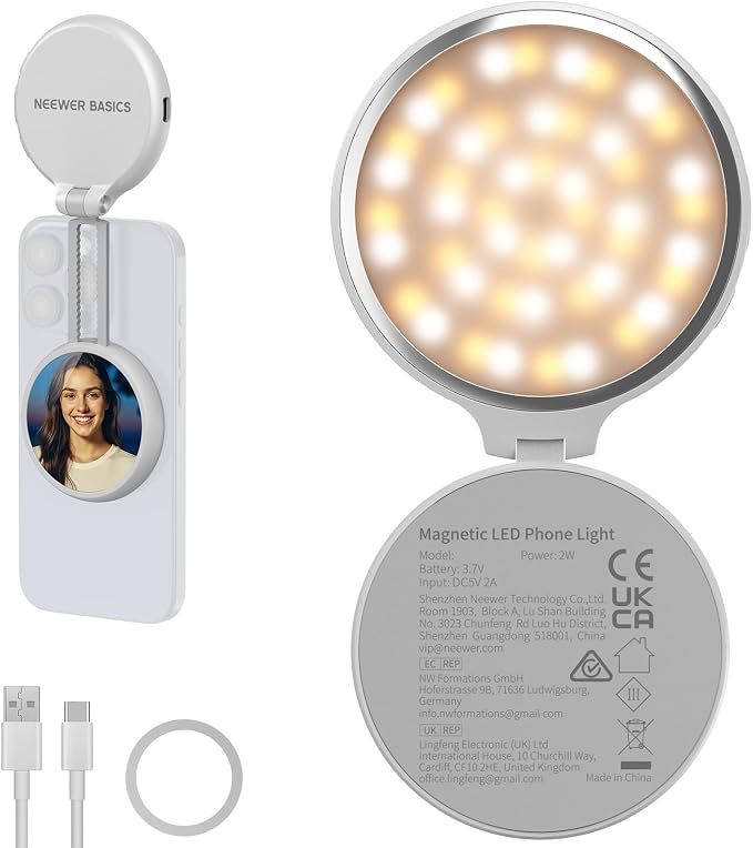 NEEWER Basics Magnetic LED Selfie Light Compatible with MagSafe iPhone, Desk Stand Phone Holder with Makeup Mirror 1160lx/0.2m 900mAh CRI95 Fill Lighting for Video Recording Streaming, White NL48R by Neewer