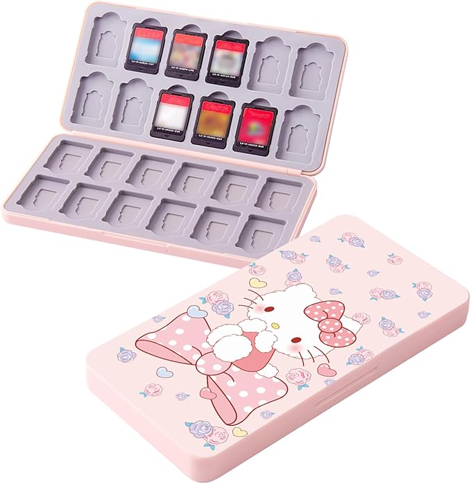 PERFECTSIGHT Cute Game Card Case for Nintendo Switch/ Switch Lite/ OLED, 24 Game Holder Cartridge Case for Game Cards and 24 SD Cards, Kawaii Portable Compact Storage Box (Rose Kitty, 24 Slots) by PERFECTSIGHT