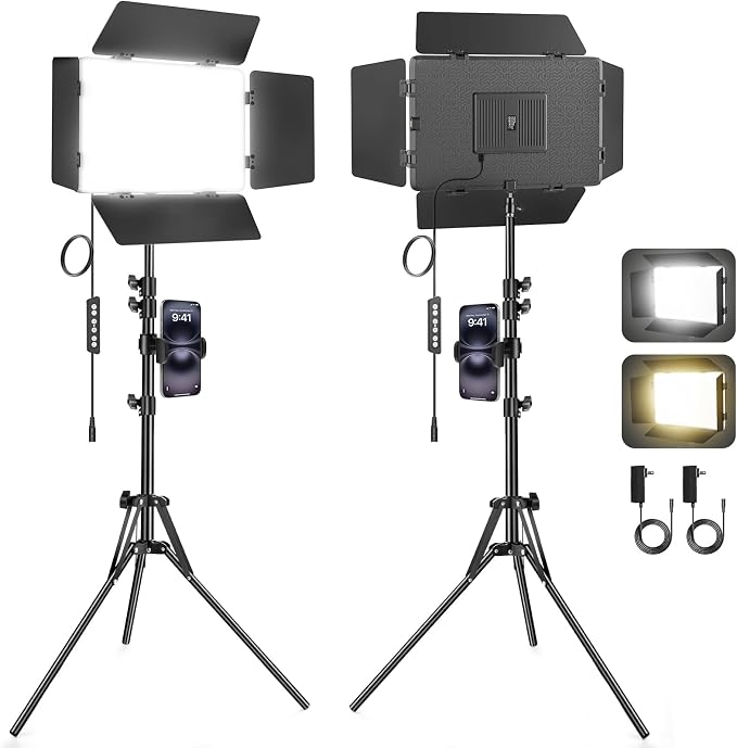 2 Pack LED Video Light with Barndoor, 30W Photography Lighting with Tripod Stand, 3000Lux CRI 98+ 2500K-8500K Studio Light Podcast Lighting for Video Recording, Game Live Streaming, Vlogging by Unknown