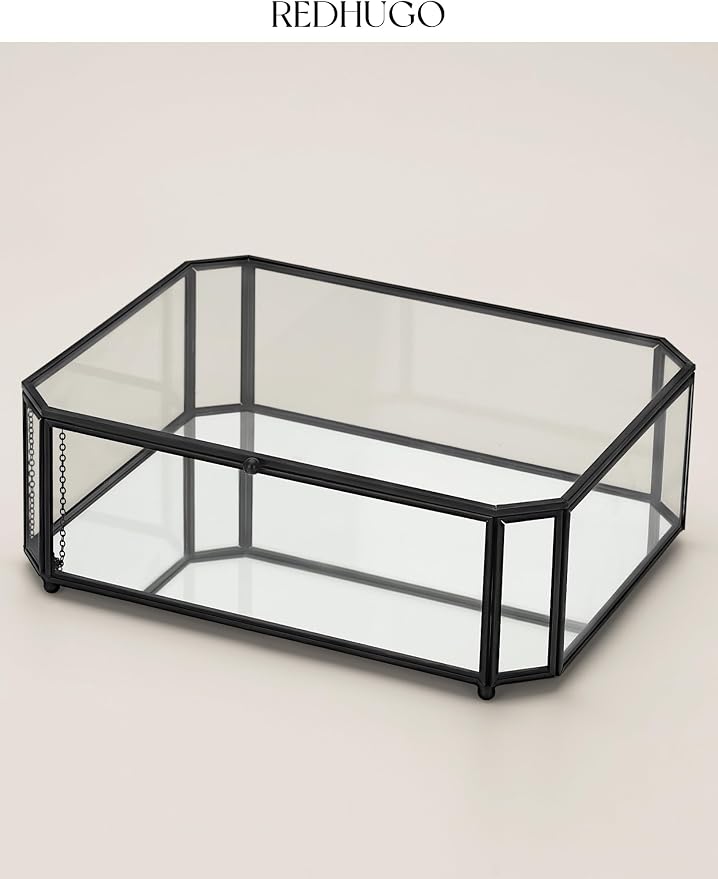 REDHUGO Large Glass Boxes for Display Handmade, Octagon, Black | Handmade Glass Jewelry Box with Mirrored Bottom and Lid, Ideal for Trinkets, Photos, Keepsakes and Vanity Decor - Image 5