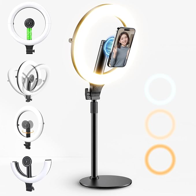 Magnetic Desk Ring Light with Stand,5000mAh Rechargeable,10" Foldable | 3 Colors & 10 Levels Brightness,Memory Function,Selfie Light for Live Stream,Makeup,Video by Yoobao