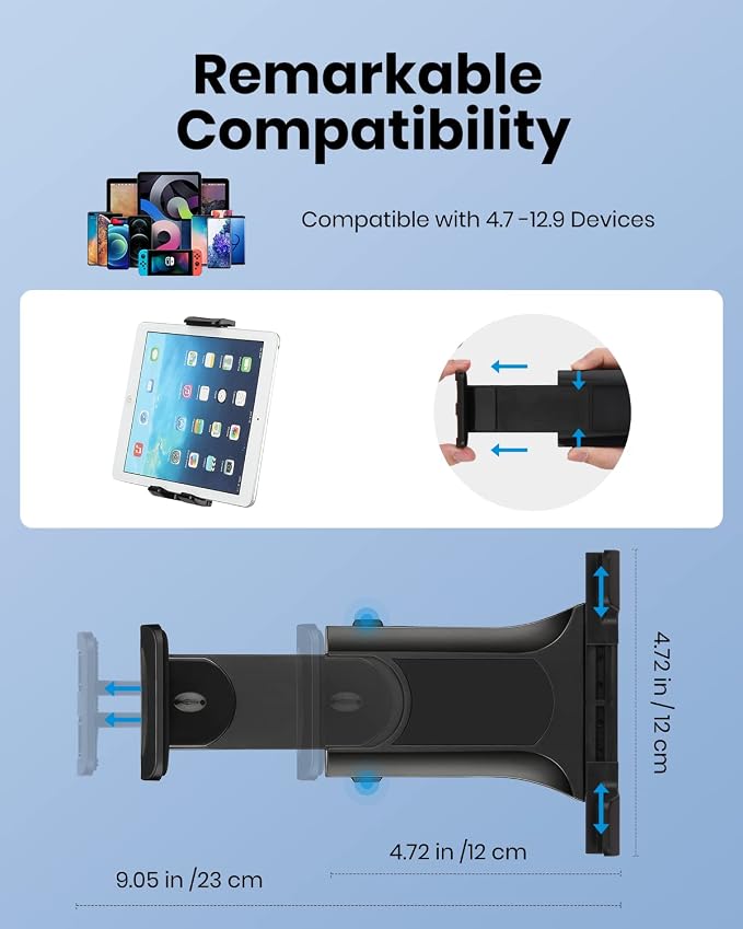 Moukey Tablet Holder for Microphone Stand, Adjustable Mic Music Stand Phone Holder Mount, Compatible with iPad, iPhone, Android, All 4.7 to 12.9 Inches Tablets & Smartphones - Image 5