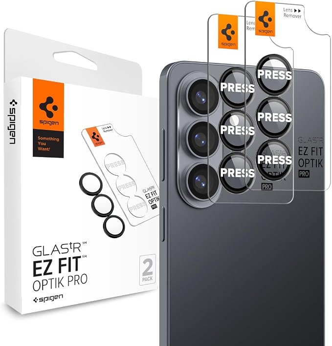Spigen Camera Lens Protector for Galaxy S26 Plus - Black [2 Pack] | GlasTR EZ Fit Optik Pro, 9H+ Tempered glass, Scratch resistant, Original photo quality, Auto-align tray, Case-friendly by Unknown