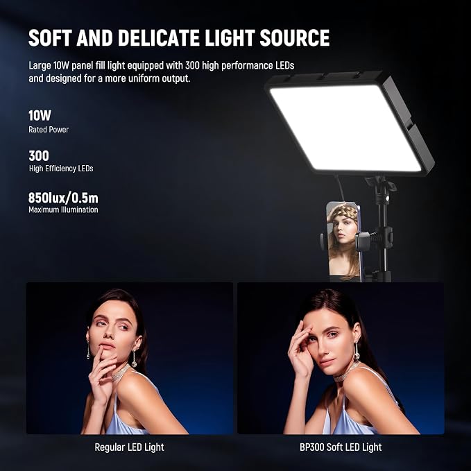 NEEWER Basics 2Pcs LED Video Light Panel with 59'' Tripod Stands/Phone Holders, 2700-6500K 850Lux Dimmable Plastic Studio Lighting for Photography Filming Recording Live Streaming, No Adapter, BP300 - Image 3