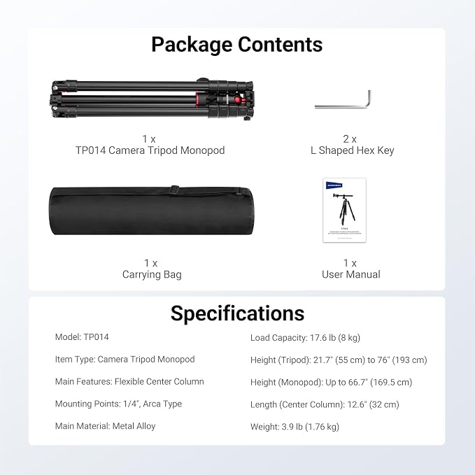 NEEWER Basics Overhead Camera Tripod Monopod with Ball Head & Horizontal Center Column, 76 Inch Tall Metal DSLR Video Travel Stand, Arca Type QR Plate & Inverted Legs, Max Load 17.6 lb, TP014 - Image 8