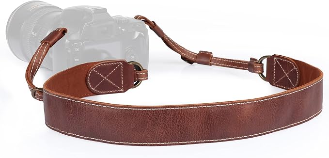 MegaGear Sierra Genuine Full-Grain Leather Camera Strap — Vintage Shoulder & Neck Strap for Canon, Sony, Fuji, Leica, Nikon, Olympus DSLR & Mirrorless — 39-47 in Adjustable, Hand-Stitched, Brown by MegaGear