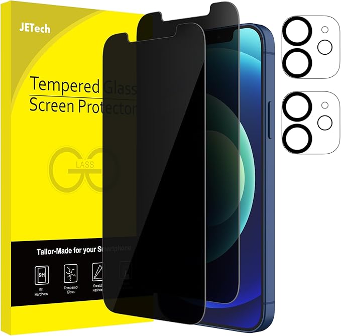 JETech Privacy Screen Protector for iPhone 12, 2+2 Pack | with Camera Lens Protector, Anti-Spy 9H Tempered Glass, Fingerprint ID Compatible by JETech