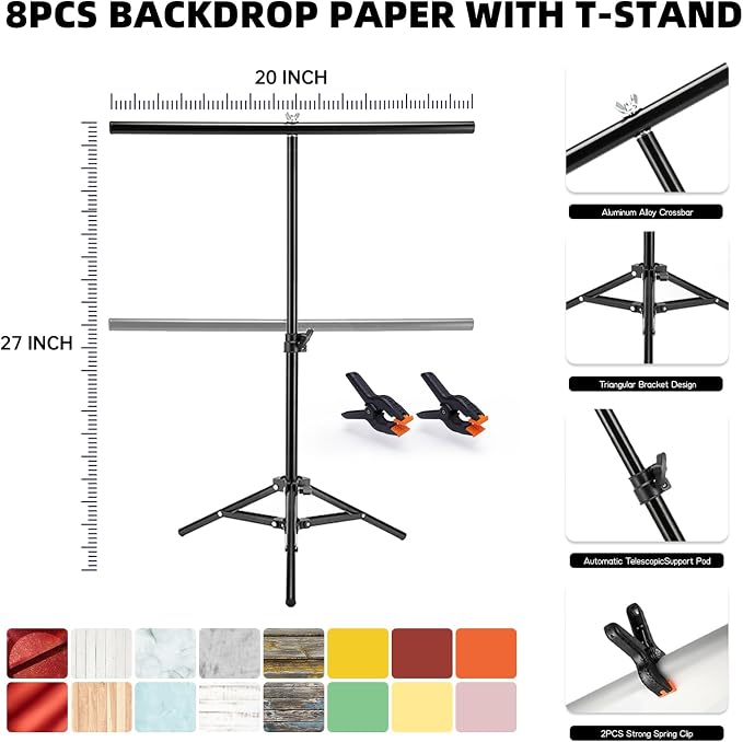 8PCS Flat Lay Backdrop Paper with T-Stand, 22x34 Inch Double Sided Wooden Marble Photography Backgrounds Paper, 8 Packs 16 Pattern Photo Props Rolls for Food Product Tabletop Blog Pictures - Image 2