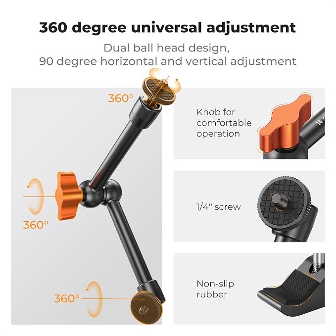 K&F CONCEPT 9.8" Magic Arm Clamp Kit with 1/4" & 3/8" Thread Screw | 360° Ball Heads Magic Arm with Tripod Mount Adapter for Gopro/LED Lights/Monitor/Flash/Microphone/DSLR Camera, MS32 - Image 3