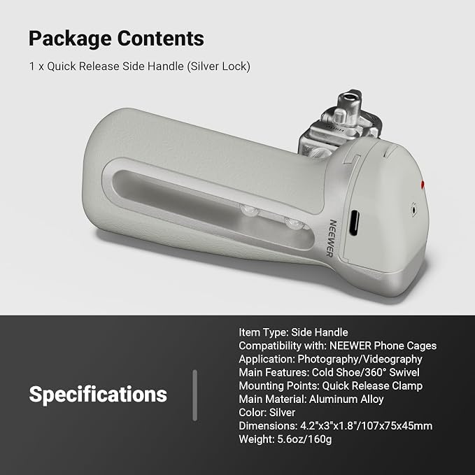 NEEWER Quick Release Bluetooth Side Handle with Cold Shoe & 360° Rotation, Compatible with Blackmagic Camera App for Focus Zoom iPhone 17 Pro Max 16 S25 Ultra Phone Cage Accessories, PA148E (Silver) - Image 8