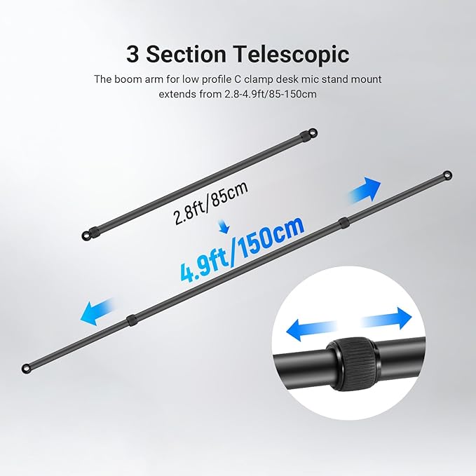 NEEWER 2.8-4.9ft Horizontal Boom Arm Only for NEEWER NK002 & NK003 Overhead Desk Camera Mount Rig Webcam Stand, Telescopic Crossarm for Phone Holder LED Light Video Recording Streaming, NK009 - Image 3